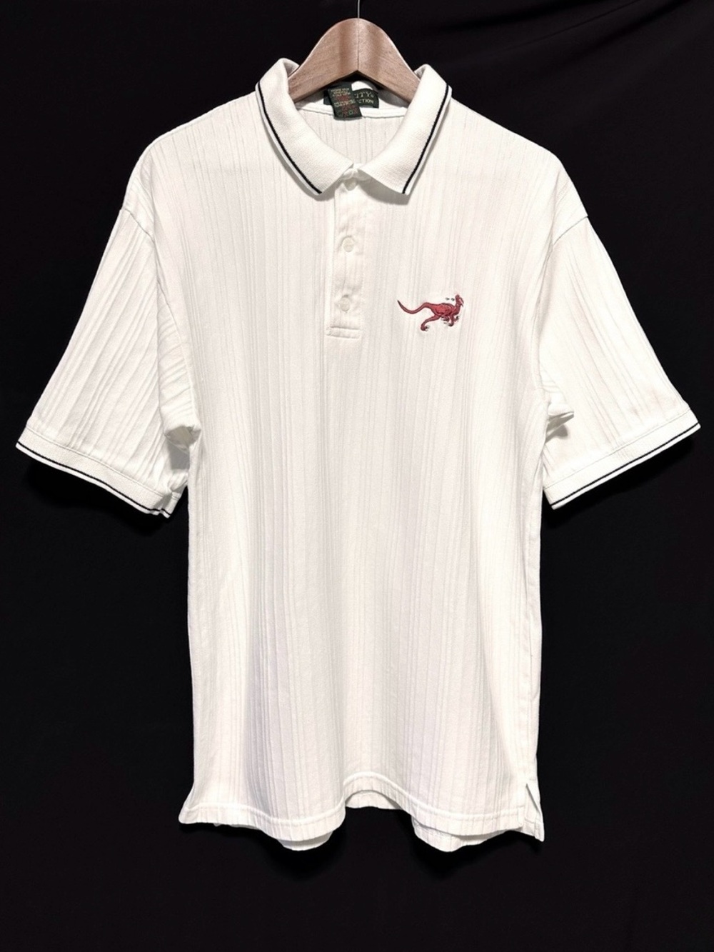 Ash City Dinosaur Embroidered White Ribbed Polo Shirt Made in Canada Men’s L